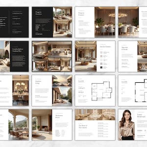May include: A collection of interior design and real estate marketing materials. The pages feature architectural renderings, floor plans, and text. The color scheme is primarily black and white with images of luxury homes and interiors. The text includes property details and design information.