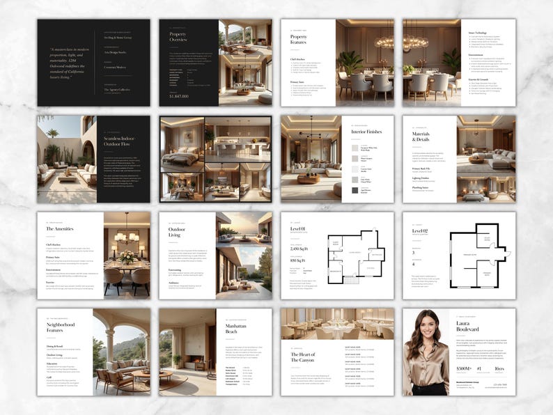 May include: A collection of interior design and real estate marketing materials. The pages feature architectural renderings, floor plans, and text. The color scheme is primarily black and white with images of luxury homes and interiors. The text includes property details and design information.