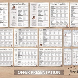 May include: A collection of Offer Presentation documents and mobile phone mockups. The documents feature detailed information, charts, and a professional layout. The color scheme is neutral with a focus on text and data presentation. The word "OFFER PRESENTATION" is displayed.