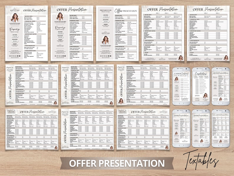 May include: A collection of Offer Presentation documents and mobile phone mockups. The documents feature detailed information, charts, and a professional layout. The color scheme is neutral with a focus on text and data presentation. The word "OFFER PRESENTATION" is displayed.