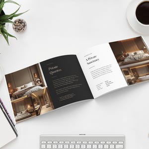 May include: An open magazine with the text "Private Quarters" and "A Private Sanctuary" is displayed on a white surface. The magazine features images of a bedroom. A cup of coffee, a plant, and a tablet are also on the surface.
