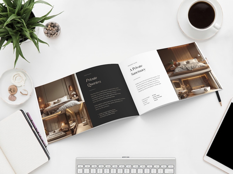 May include: An open magazine with the text "Private Quarters" and "A Private Sanctuary" is displayed on a white surface. The magazine features images of a bedroom. A cup of coffee, a plant, and a tablet are also on the surface.
