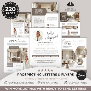 May include: A collection of prospecting letters and flyers for real estate agents. The design features a neutral color palette with images of modern homes. Text includes "Hello neighbor!" and "Open House" with the Canva logo.