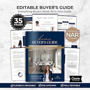 Könnte beinhalten: Ein marineblaues und goldenes "Home Buyer's Guide" mit dem Text "Editable Buyer's Guide" und "Everything Buyers Need. All in One Guide." Der Ratgeber hat 35 Seiten und ist voll editierbar.