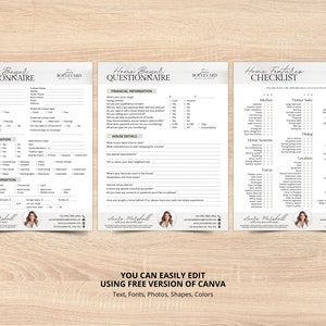 Puede incluir: Un conjunto de tres documentos titulados "Home Buyer Questionnaire" y "Home Features Checklist". Los documentos tienen un esquema de color gris claro y blanco con texto negro. El texto "You can easily edit using free version of Canva" est&aacute; en la parte inferior.