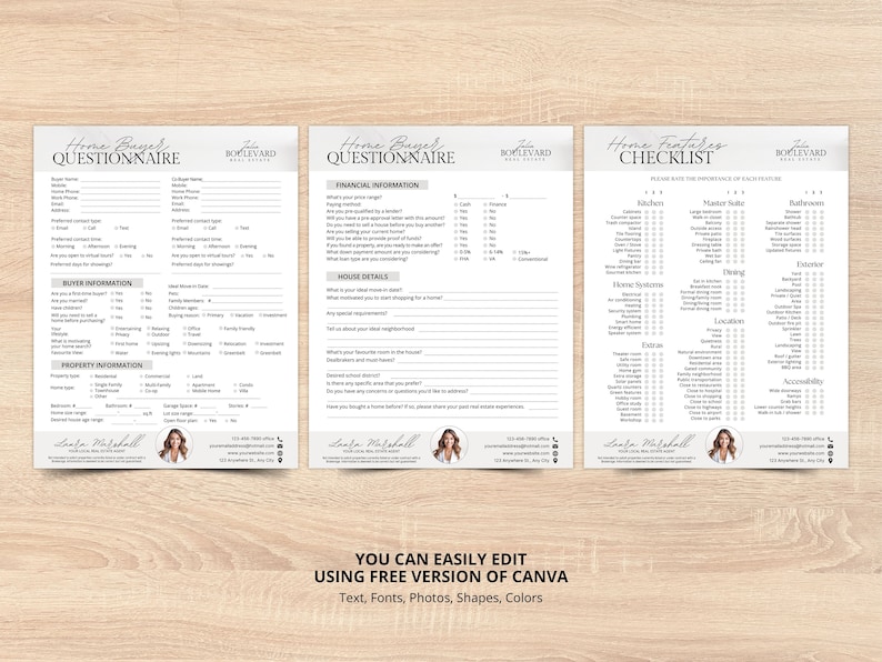 Puede incluir: Un conjunto de tres documentos titulados "Home Buyer Questionnaire" y "Home Features Checklist". Los documentos tienen un esquema de color gris claro y blanco con texto negro. El texto "You can easily edit using free version of Canva" est&aacute; en la parte inferior.