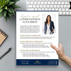 Puede incluir: Un folleto titulado "Escenarios de compensaci&oacute;n del agente del comprador" con texto que explica las opciones de compensaci&oacute;n en bienes ra&iacute;ces. Incluye una foto de una mujer con una blazer. El folleto est&aacute; en un escritorio con un teclado, una planta y una taza de caf&eacute;.