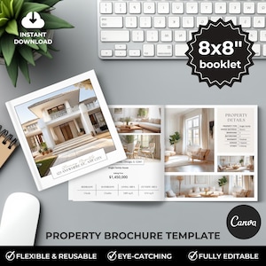 May include: A property brochure template, measuring 20 x 20 cm, with a modern house on the cover. The brochure is open to display interior photos and property details. The text includes "Property Brochure Template" and "Flexible & Reusable".