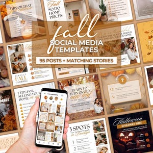 May include: A collection of fall-themed social media templates featuring 95 posts and matching stories. The designs include autumn imagery, pumpkins, and text overlays for real estate marketing, displayed on a smartphone screen and as a grid.