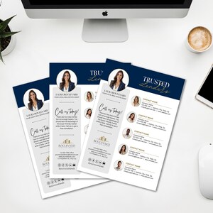 Puede incluir: Varios folletos comerciales en azul marino y blanco con el texto "Trusted Lenders" y "Call me Today!". Los folletos muestran fotos de agentes inmobiliarios y datos de contacto. Tambi&eacute;n se ven un monitor de ordenador, una taza de caf&eacute; y un tel&eacute;fono.