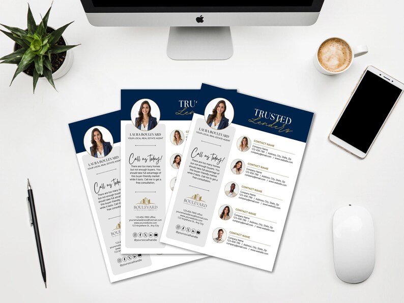 Puede incluir: Varios folletos comerciales en azul marino y blanco con el texto "Trusted Lenders" y "Call me Today!". Los folletos muestran fotos de agentes inmobiliarios y datos de contacto. Tambi&eacute;n se ven un monitor de ordenador, una taza de caf&eacute; y un tel&eacute;fono.