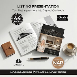 Könnte beinhalten: Eine Immobilienpräsentation mit dem Text "LISTING PRESENTATION" und "Turn First Impressions into Signed Contracts". Das Bild enthält ein Notizbuch, einen Stift, eine Kaffeetasse und ein Buch mit einem Foto einer Frau. Die Präsentation umfasst 44 Seiten und ist vollständig editierbar.