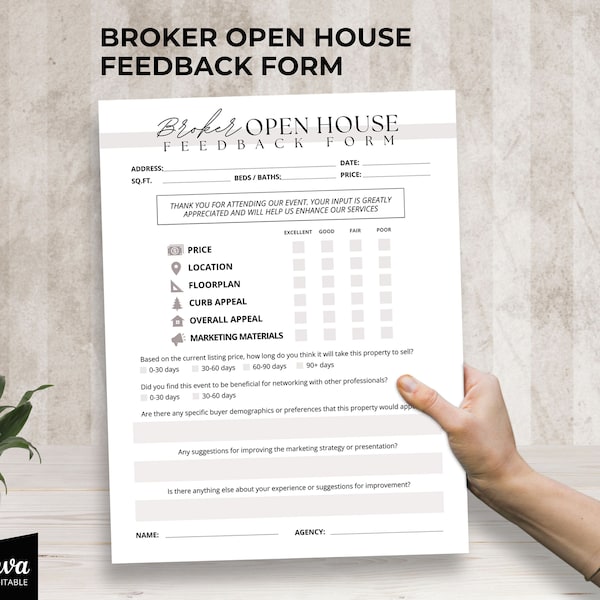 Broker Open House, Feedback Form, Broker Open Feedback Form, Open House For Brokers, Real Estate Marketing, Brokers Open house Flyer, Canva