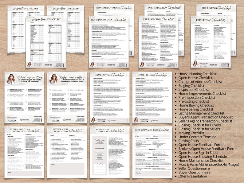 May include: A collection of checklists for real estate transactions, including inspection, home improvements, and pre-listing checklists. The documents feature a neutral color palette with a professional layout, and include a list of additional forms.