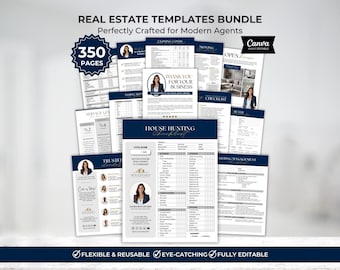May include: A bundle of real estate templates with a navy blue and white design. The templates include checklists, forms, and guides for modern agents. The bundle contains 350 pages and is fully editable. The Canva logo is visible in the upper right corner.