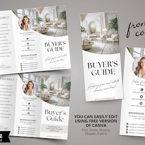 May include: A white and gray tri-fold brochure with a photo of a modern interior design. The brochure is titled "Buyer's Guide" and features the text "Helping your real estate dreams come true!" The brochure also includes the name "Julia Marshall" and contact information.