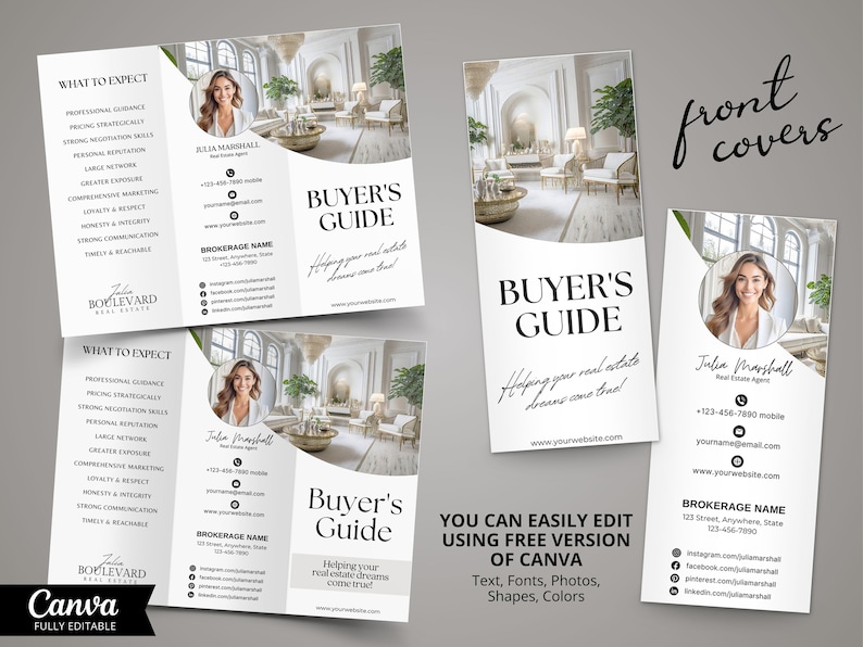 May include: A white and gray tri-fold brochure with a photo of a modern interior design. The brochure is titled "Buyer's Guide" and features the text "Helping your real estate dreams come true!" The brochure also includes the name "Julia Marshall" and contact information.