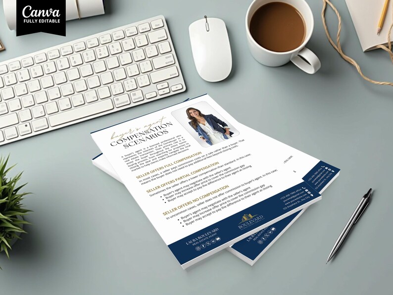 Puede incluir: Una pila de documentos impresos titulados "Escenarios de compensaci&oacute;n de agentes legales" con una foto de una mujer. Los documentos est&aacute;n sobre un escritorio con un teclado, un rat&oacute;n, una taza de caf&eacute; y un bol&iacute;grafo. Los documentos tienen un dise&ntilde;o azul y blanco.