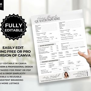 Puede incluir: Un modelo de cuestionario para compradores de vivienda sostenido por una persona. El documento incluye secciones para informaci&oacute;n del comprador y de la propiedad. El logotipo de Canva y las palabras "FULLY EDITABLE" son visibles. El dise&ntilde;o es moderno y profesional, optimizado para impresi&oacute;n o PDF.