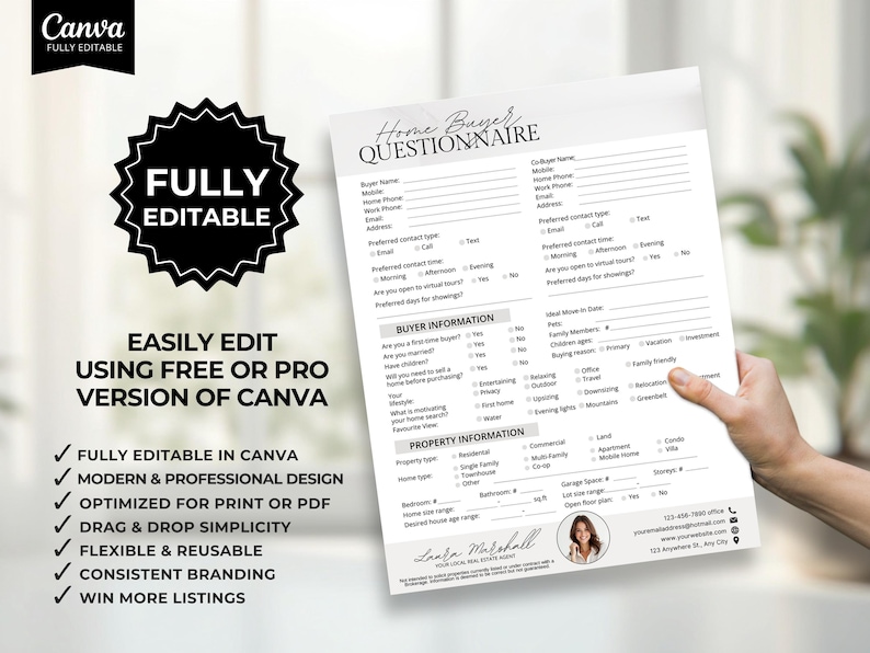 Puede incluir: Un modelo de cuestionario para compradores de vivienda sostenido por una persona. El documento incluye secciones para informaci&oacute;n del comprador y de la propiedad. El logotipo de Canva y las palabras "FULLY EDITABLE" son visibles. El dise&ntilde;o es moderno y profesional, optimizado para impresi&oacute;n o PDF.