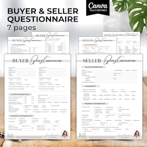 May include: A black and white printable buyer and seller questionnaire for real estate transactions. The questionnaire includes sections for buyer and seller information, property information, and availability. The document is designed to be used by estate agents and their clients.