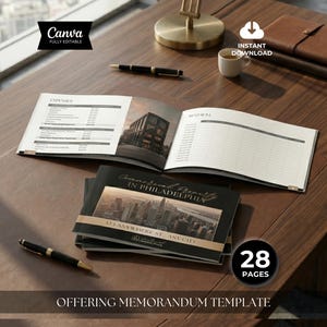 May include: An open book and several brochures on a wooden desk. The book displays financial data, while the brochures feature cityscapes and the text "Commercial Property in Philadelphia." A pen, a coffee cup, and a notepad are also on the desk. The image includes the text "28 PAGES."