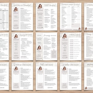 May include: A collection of checklists for various real estate processes, including house hunting, open houses, and closing. Each checklist features a portrait and is designed with a clean, minimalist aesthetic, with headings like "Staging Checklist" and "Home Checklist".