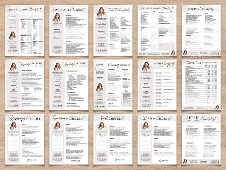 May include: A collection of checklists for various real estate processes, including house hunting, open houses, and closing. Each checklist features a portrait and is designed with a clean, minimalist aesthetic, with headings like "Staging Checklist" and "Home Checklist".