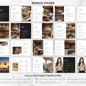 May include: A collection of digital templates with interior design themes. The pages feature layouts for property overviews, living spaces, and floor plans. Text includes "BONUS PAGES" and "FULLY EDITABLE TEMPLATES". The templates are designed for Canva, print, and PDF.