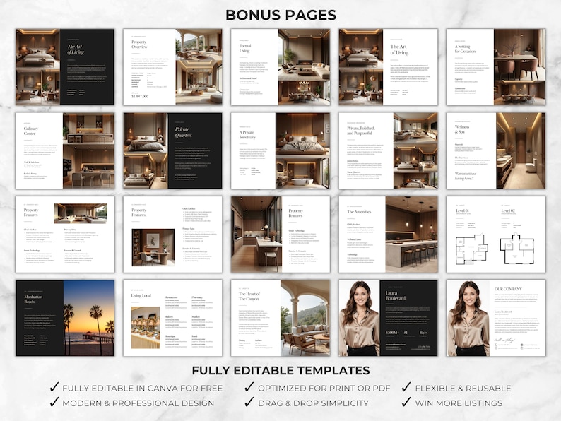 May include: A collection of digital templates with interior design themes. The pages feature layouts for property overviews, living spaces, and floor plans. Text includes "BONUS PAGES" and "FULLY EDITABLE TEMPLATES". The templates are designed for Canva, print, and PDF.