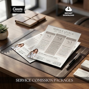 Può includere: Un ambiente di lavoro professionale con pacchetti di livelli di servizio stampati, biglietti da visita e una penna su un tappetino da scrivania in pelle. Il testo include "Livelli di servizio" e "Download istantaneo."