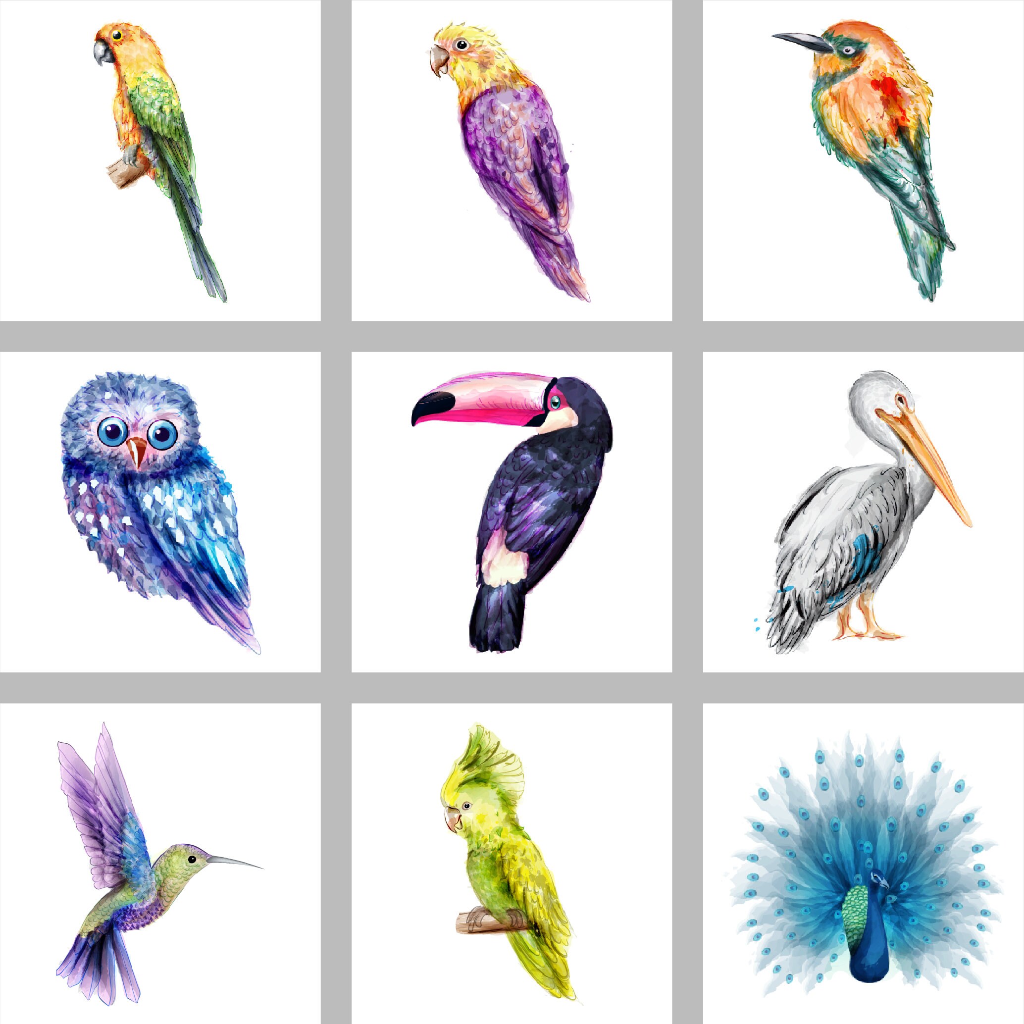 Tile Stickers Birds watercolor 9 Stickers per Set for Etsy