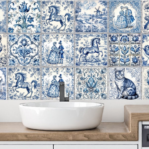 Tile stickers Delft Blue, 20 stickers per set, 10x10, 15x15, 20x20, bathroom, kitchen, toilet, backsplash, self-adhesive