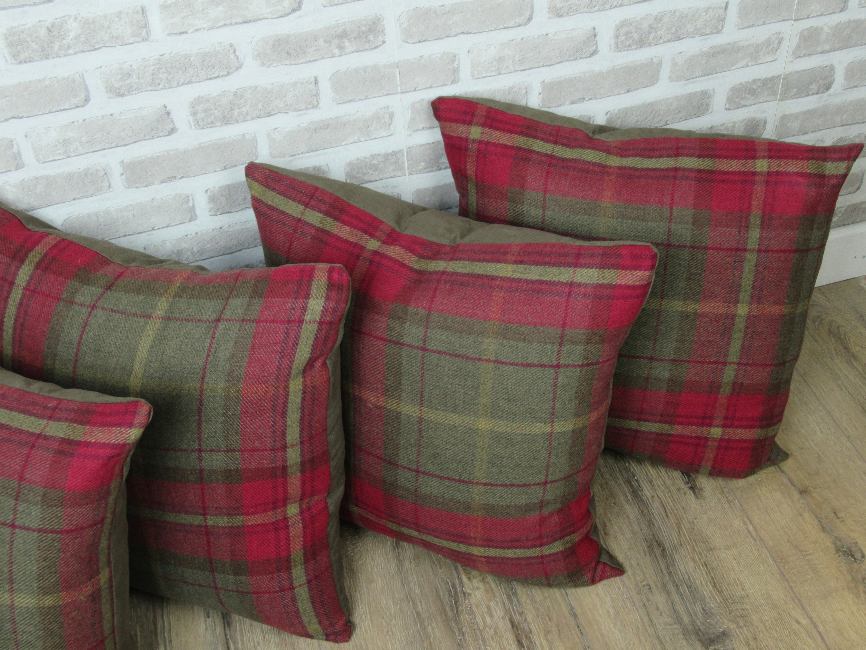 Set of 4 red check wool look cushion covers with inserts Etsy