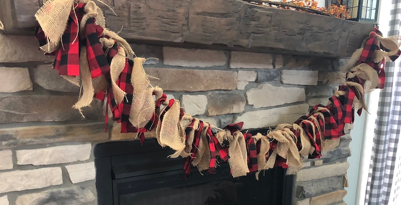 Burlap red black Buffalo check Tie Garland  Christmas tree image 1