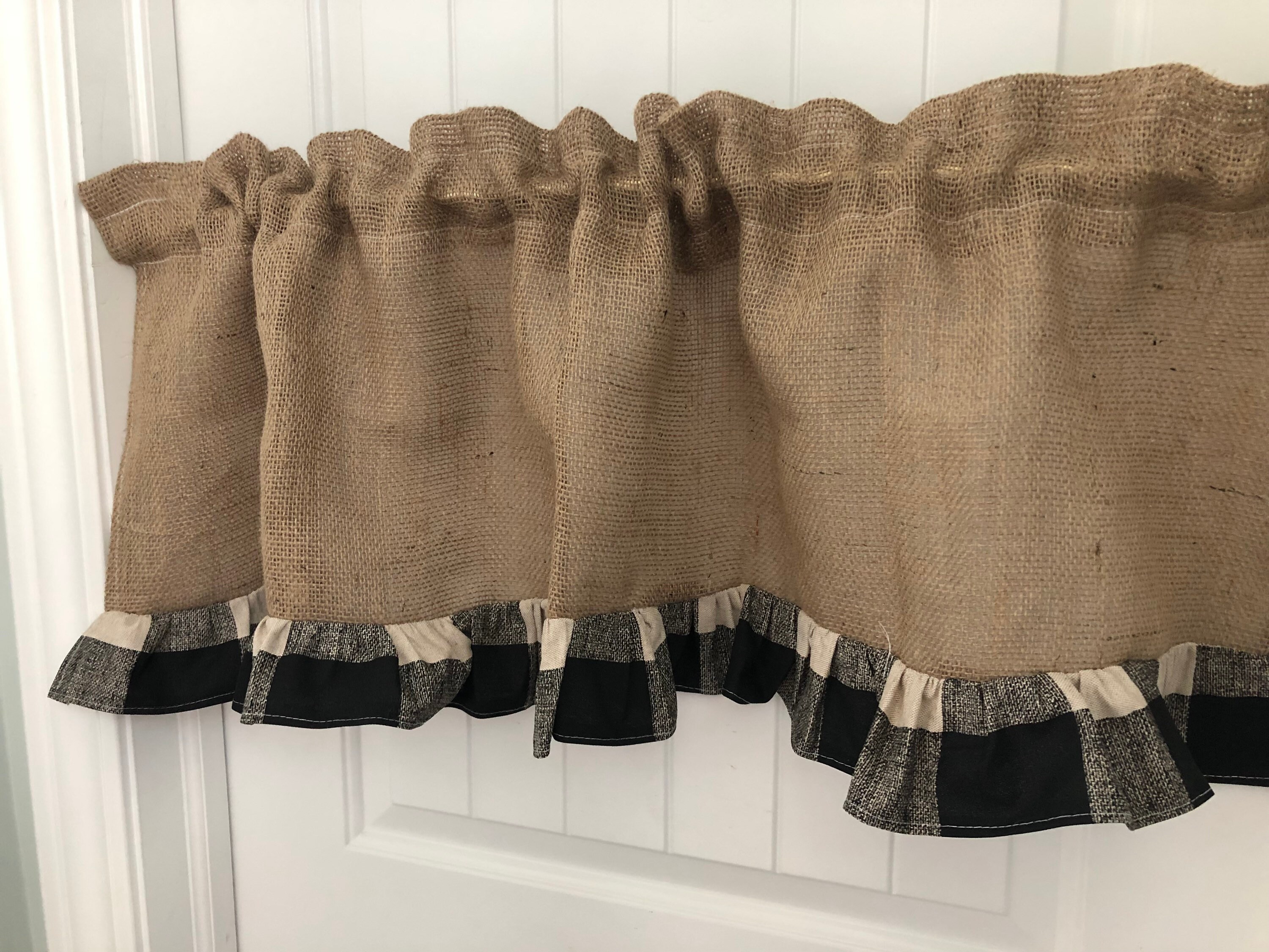 Burlap Black tan Buffalo check Ruffle curtain valance Etsy