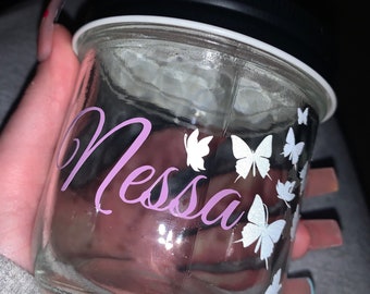 Personalized jar with reflective butterflies