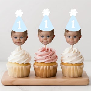 Customized Different Faces Photo Party Hat Cupcake Topper | First milestone Birthday Photos Party Hat Cupcake Decoration Face on Stick