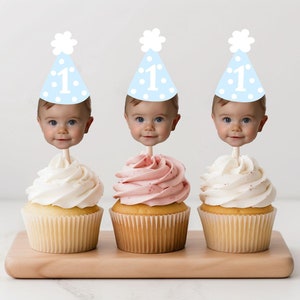 Customized Different Faces Photo Party Hat Cupcake Topper | First milestone Birthday Photos Party Hat Cupcake Decoration Face on Stick