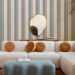 Carta da parati panoramica a righe – STRISCE BLU E LINO – design verticale chic – 2 misure – stile minimalista e raffinato