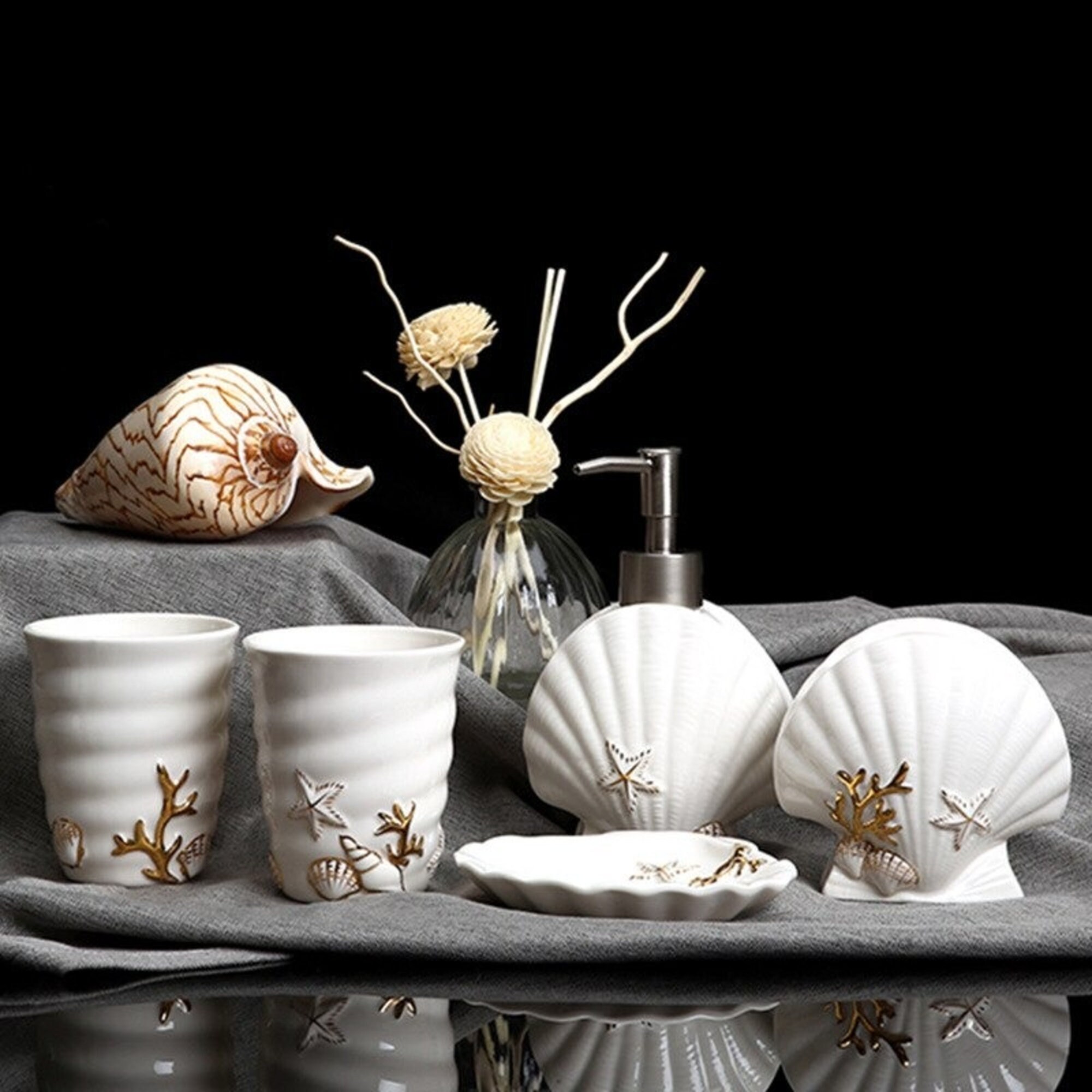 coastal-sea-shell-bathroom-accessories-set-soap-dispenser-etsy