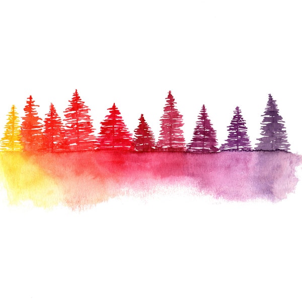 Autumn Forest watercolor print  Fall Herbst Wald Ombré abstract Aquarell purple poster landscape, pine trees art red yellow pink large