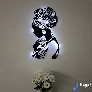 African Woman Metal Wall Art with Led Lights, African Queen Metal Wall Decor, Mother's Day Gift Black Wall Art, Gift for Mother, African Art