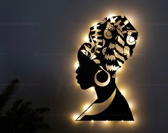 African Woman Metal Wall Art with Led Lights, African Queen Metal Wall Decor, African American Art, Mother's Day Gift, Gift For Mother