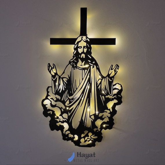 Jesus Christ Metal Wall Art With LED Lights, Crucifix Wall Decor