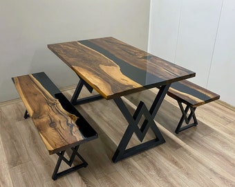 Custom Live Edge Epoxy Resin Walnut Table with One Optional Bench or Two - Gloss or Matte Finish Options - Made to Order