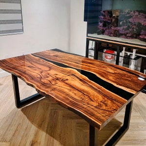 Black river epoxy table | Glossy Finish, Custom Live Edge Walnut Resin River Table, Black resin river table, Conference Table | Meeting