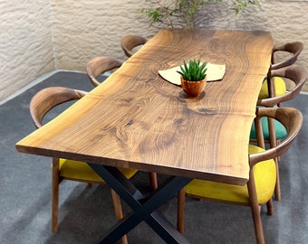 Handcrafted Live Edge Walnut Dining Table, Solid Wood Table, Natural Edge Wood Dining Table with Metal Legs, Custom Sizes Available