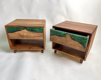 Epoxy Nightstand With Drawer and Shelf Bedside Table Live Edge Walnut Wood Customizable Epoxy Color Mid Century Custom Sizes Available Etsy