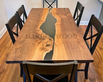 Custom Walnut Epoxy Dining Table, Live Edge Dining Table, Solid Wood Table, Black Resin Detail, Black Metal Legs, Dining Room Table